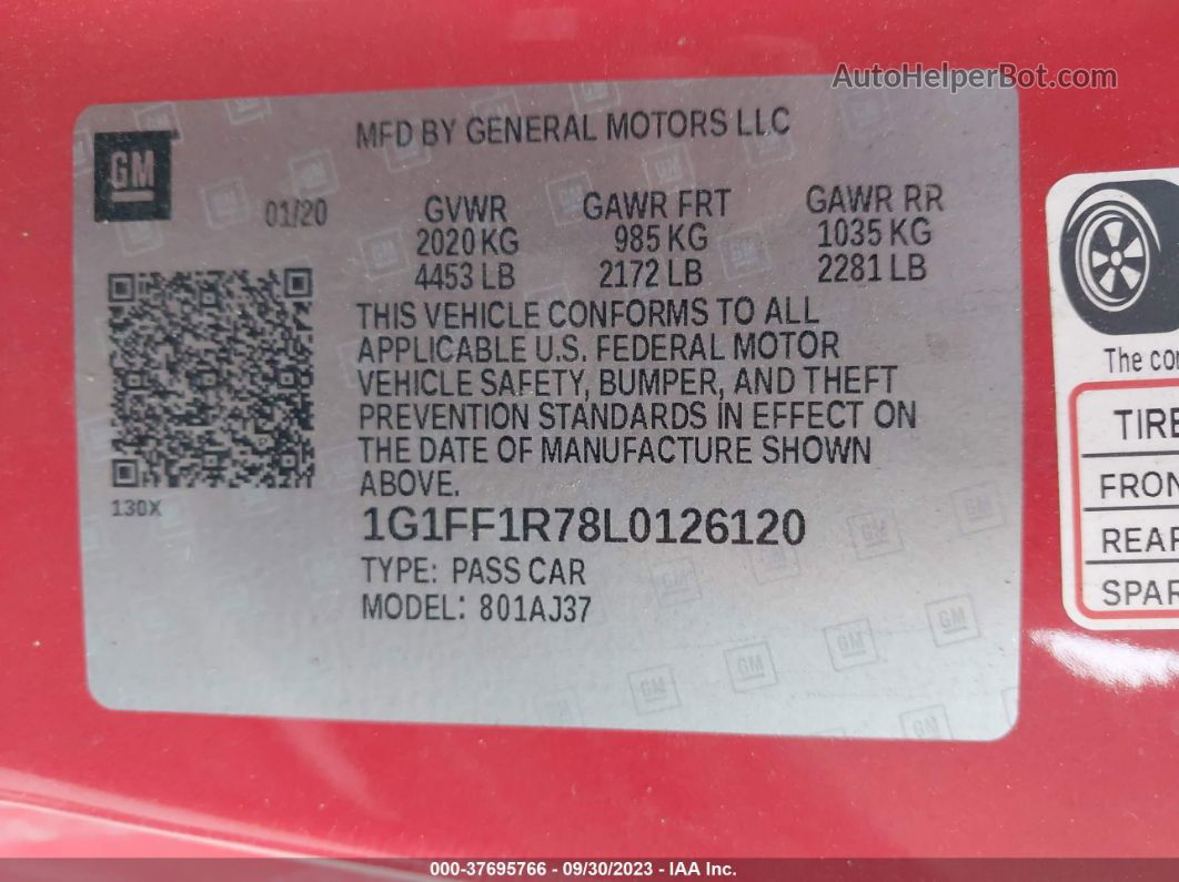 2020 Chevrolet Camaro Lt1 Red vin: 1G1FF1R78L0126120