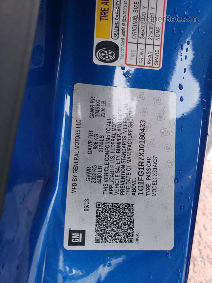 2018 Chevrolet Camaro Ss Blue vin: 1G1FG1R7XJ0180433