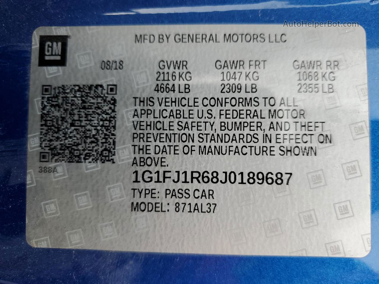 2018 Chevrolet Camaro Zl1 Blue vin: 1G1FJ1R68J0189687
