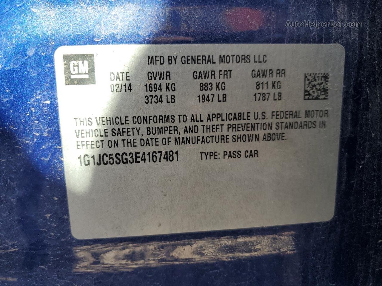 2014 Chevrolet Sonic Lt Blue vin: 1G1JC5SG3E4167481