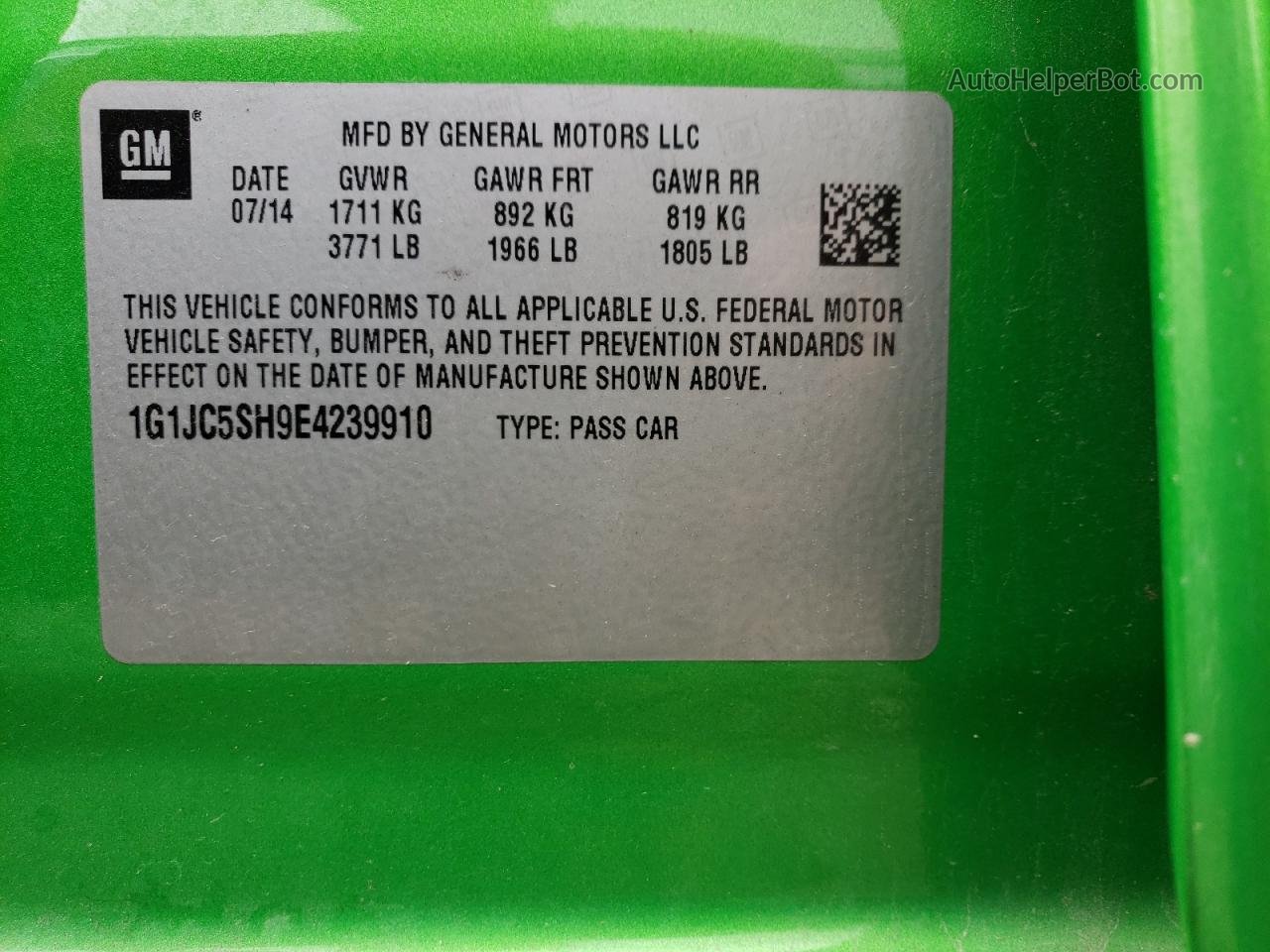 2014 Chevrolet Sonic Lt Зеленый vin: 1G1JC5SH9E4239910