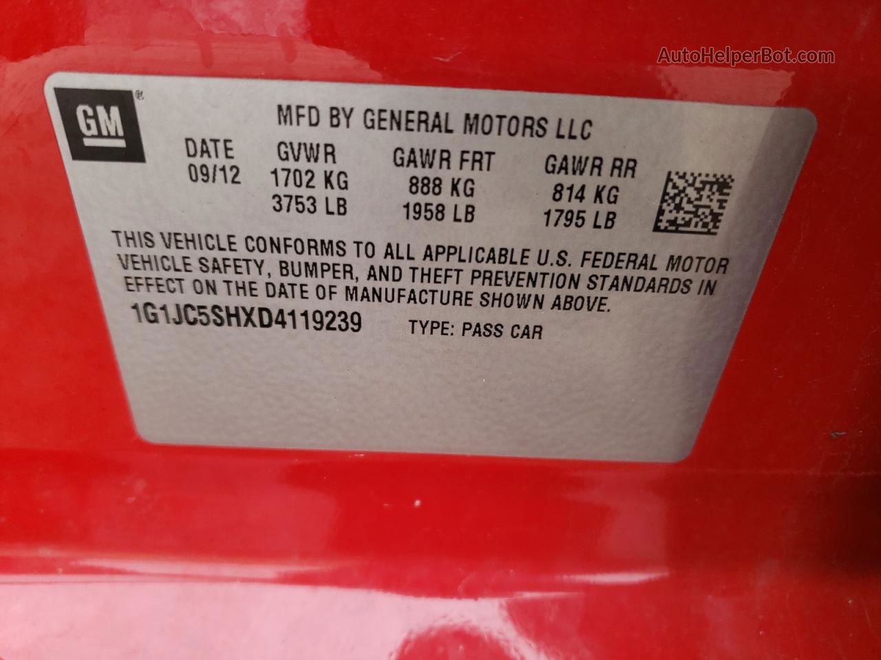 2013 Chevrolet Sonic Lt Red vin: 1G1JC5SHXD4119239
