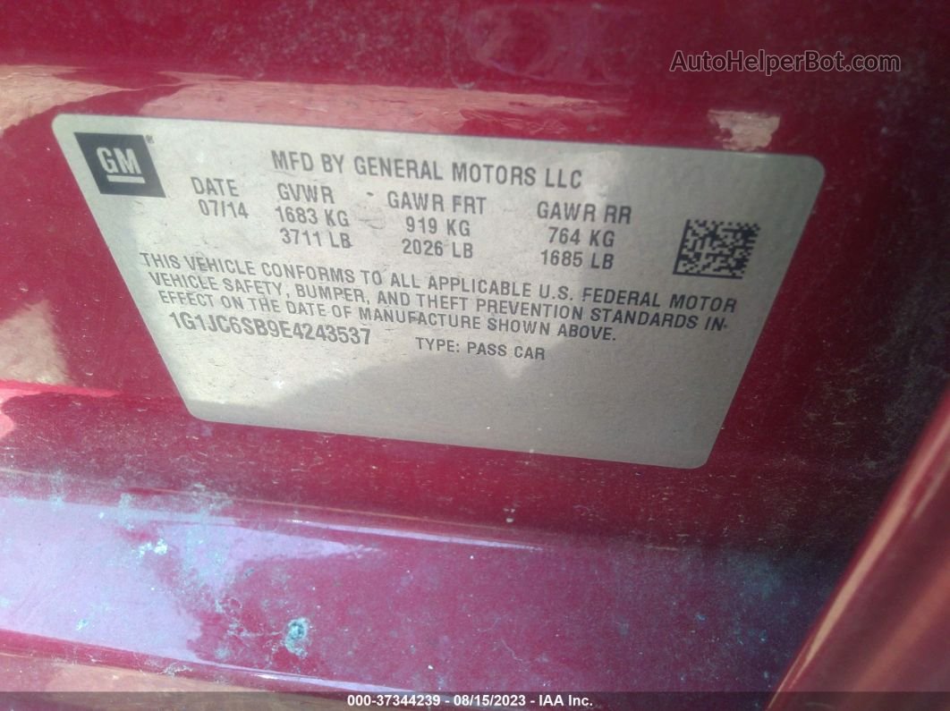 2014 Chevrolet Sonic Lt Red vin: 1G1JC6SB9E4243537