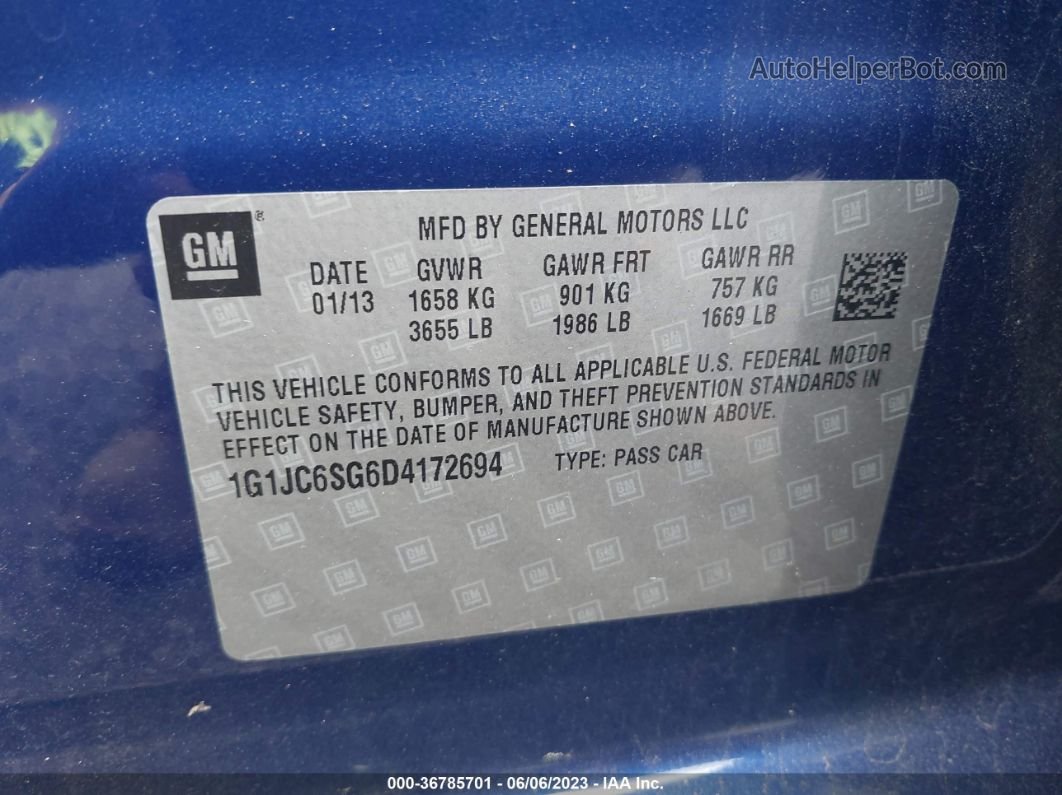2013 Chevrolet Sonic Lt Blue vin: 1G1JC6SG6D4172694