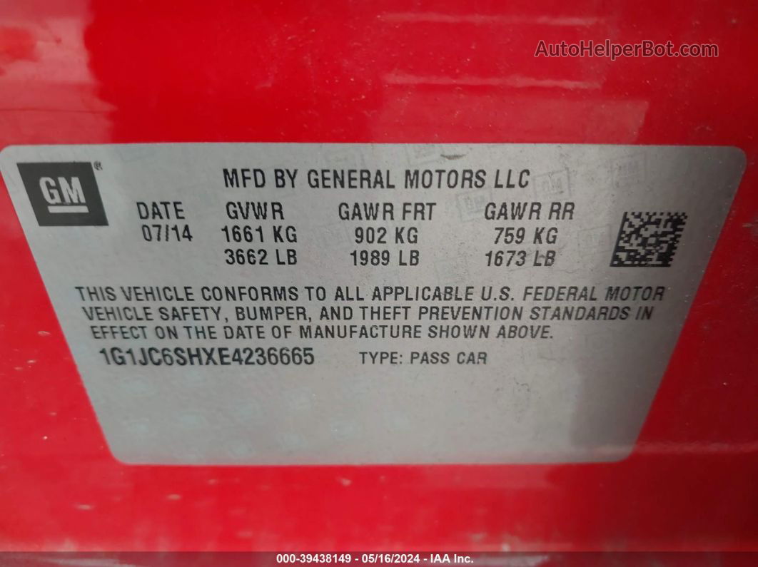 2014 Chevrolet Sonic Lt Auto Red vin: 1G1JC6SHXE4236665