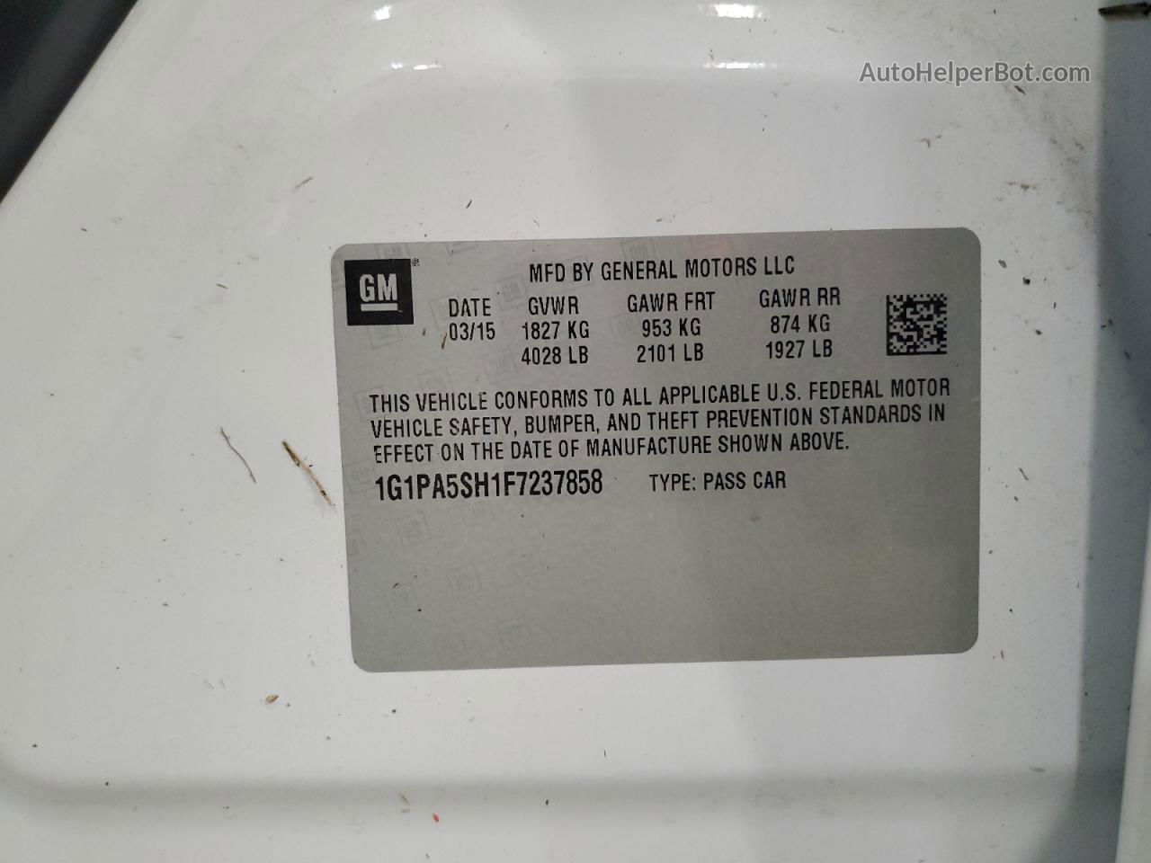 2015 Chevrolet Cruze Ls White vin: 1G1PA5SH1F7237858