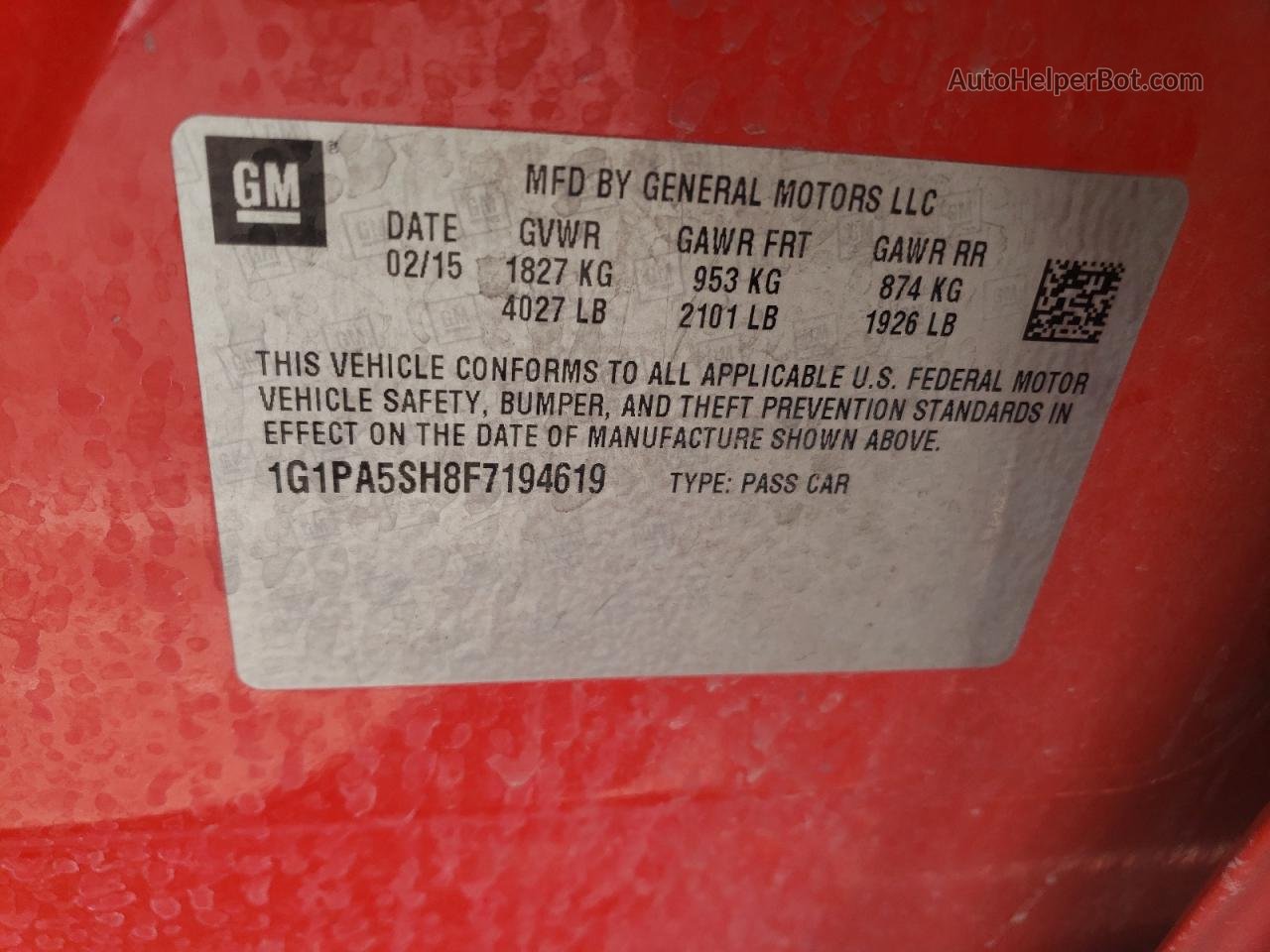 2015 Chevrolet Cruze Ls Red vin: 1G1PA5SH8F7194619