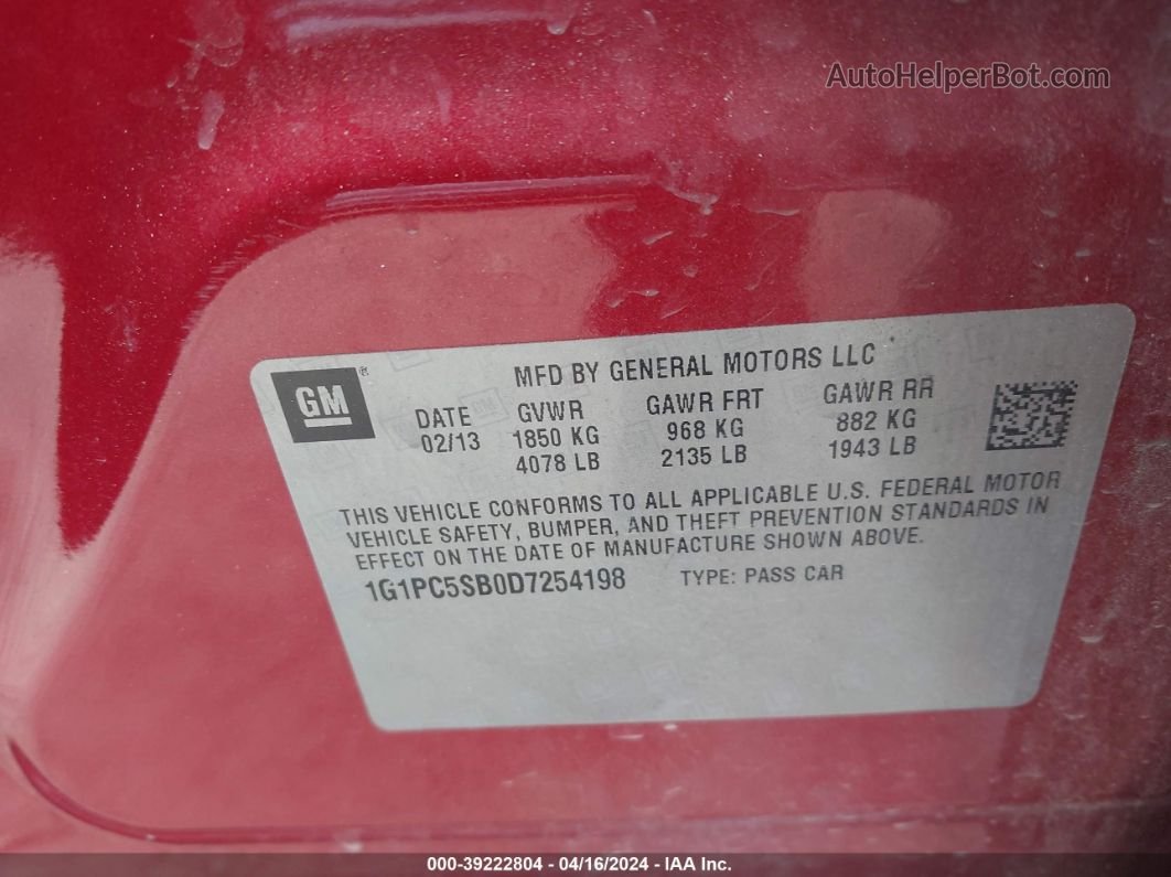 2013 Chevrolet Cruze 1lt Auto Красный vin: 1G1PC5SB0D7254198