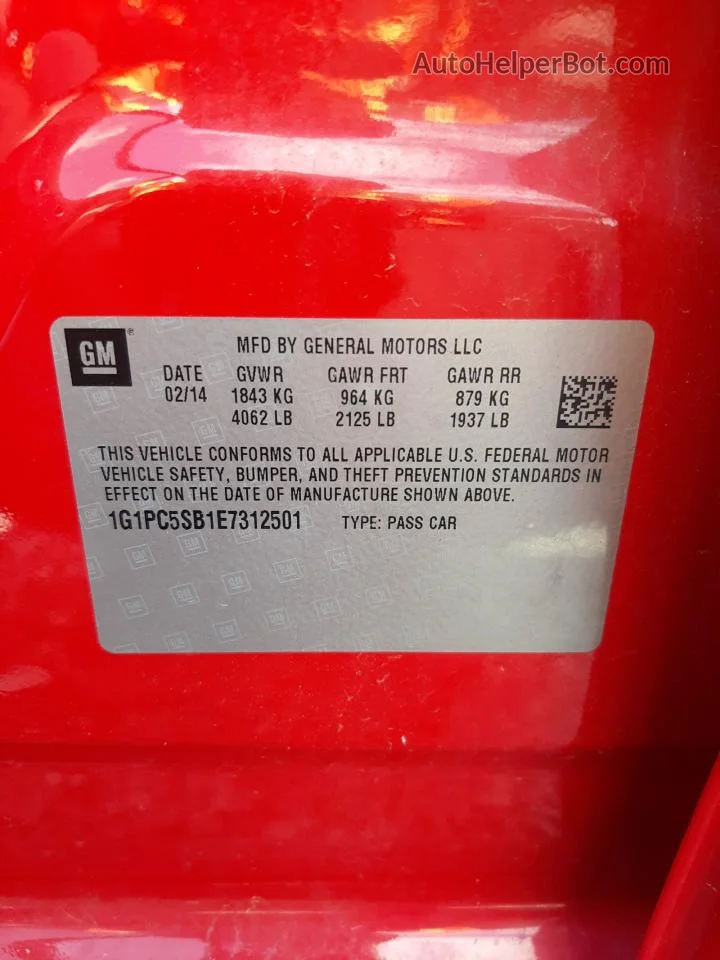 2014 Chevrolet Cruze Lt Red vin: 1G1PC5SB1E7312501