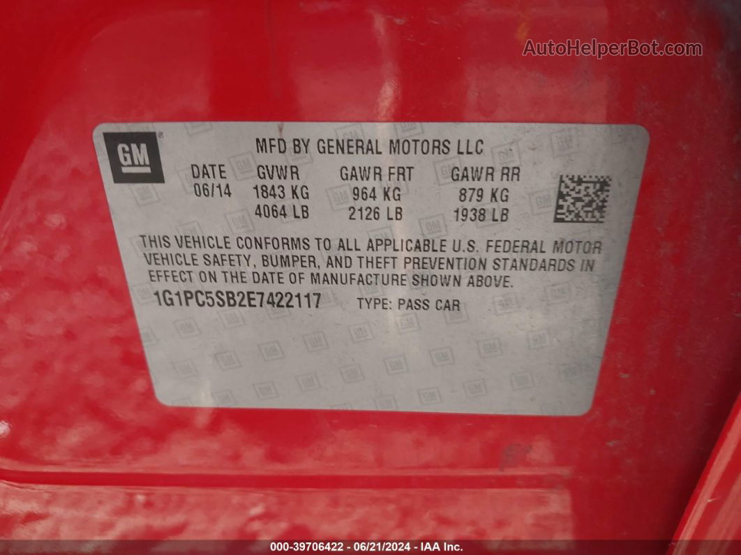 2014 Chevrolet Cruze 1lt Auto Red vin: 1G1PC5SB2E7422117