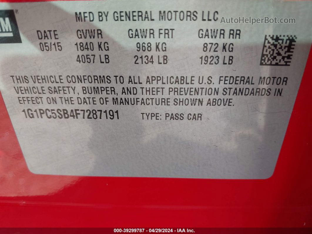 2015 Chevrolet Cruze 1lt Auto Red vin: 1G1PC5SB4F7287191