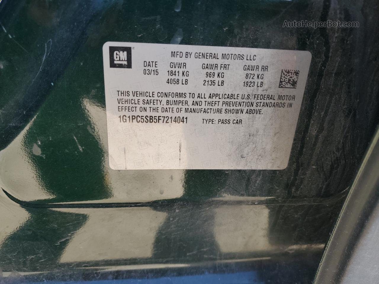 2015 Chevrolet Cruze Lt Green vin: 1G1PC5SB5F7214041