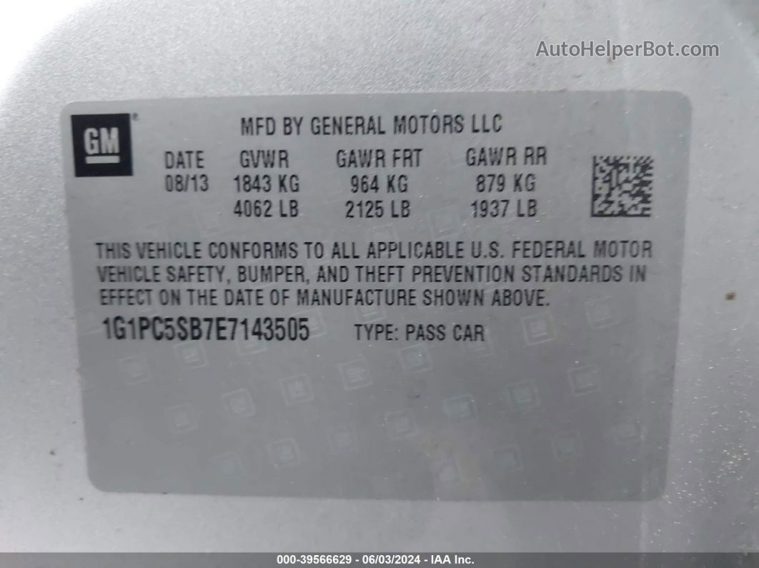 2014 Chevrolet Cruze 1lt Auto Silver vin: 1G1PC5SB7E7143505
