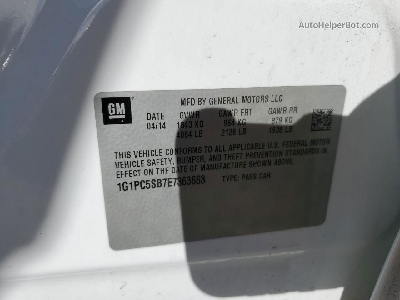 2014 Chevrolet Cruze Lt White vin: 1G1PC5SB7E7363663