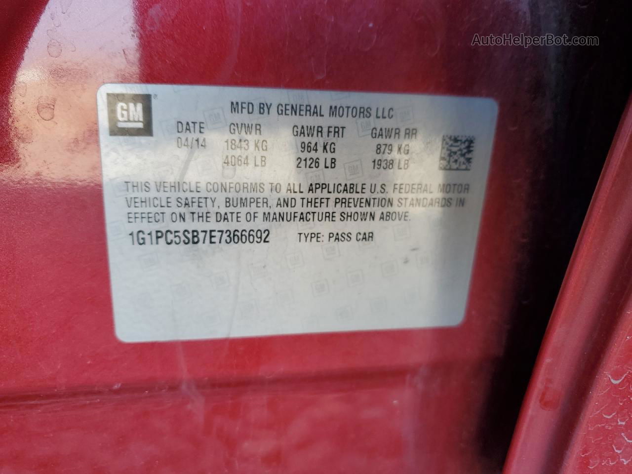 2014 Chevrolet Cruze Lt Burgundy vin: 1G1PC5SB7E7366692