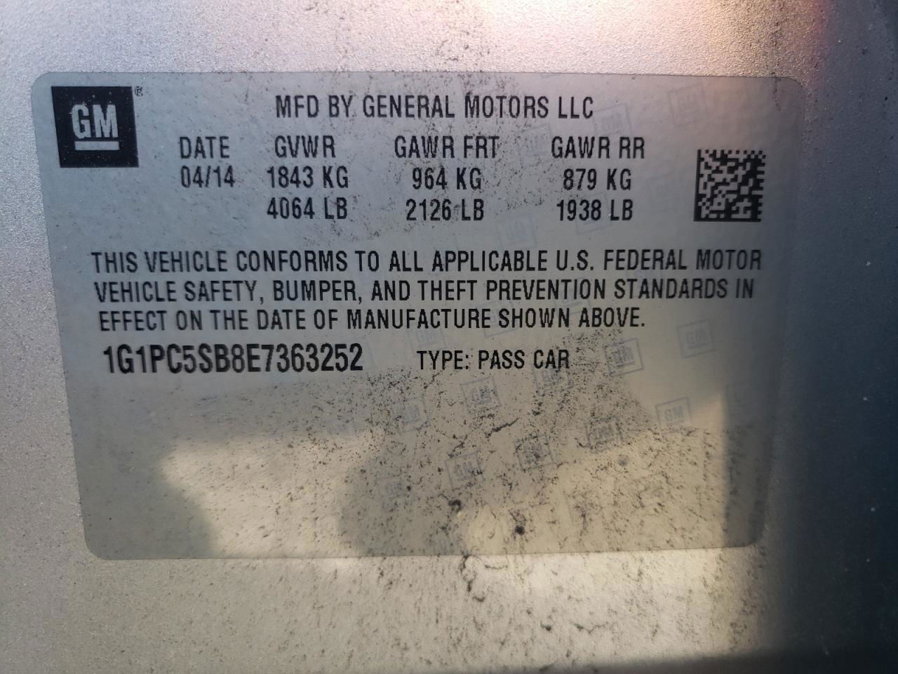 2014 Chevrolet Cruze Lt Silver vin: 1G1PC5SB8E7363252