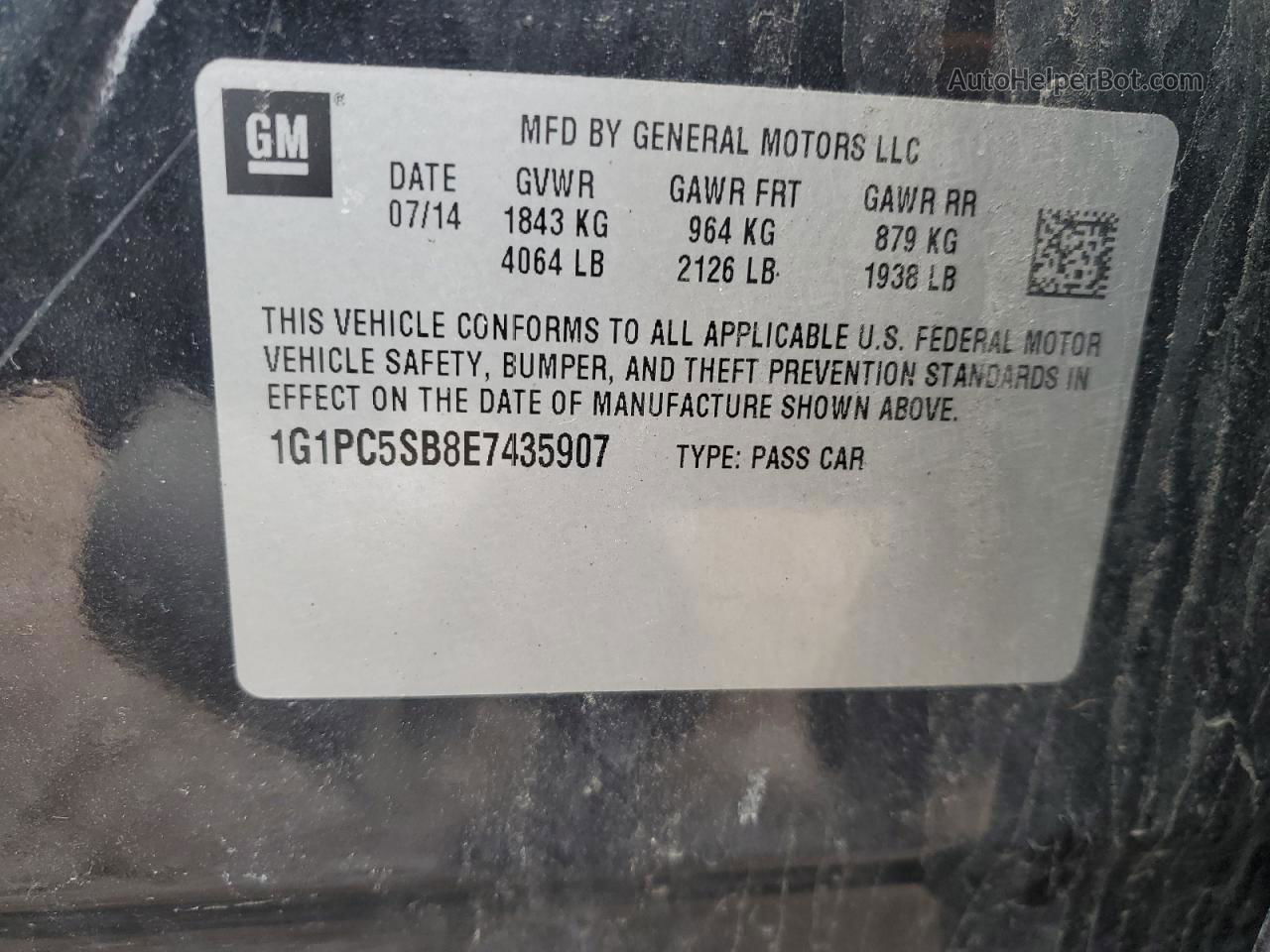 2014 Chevrolet Cruze Lt Угольный vin: 1G1PC5SB8E7435907