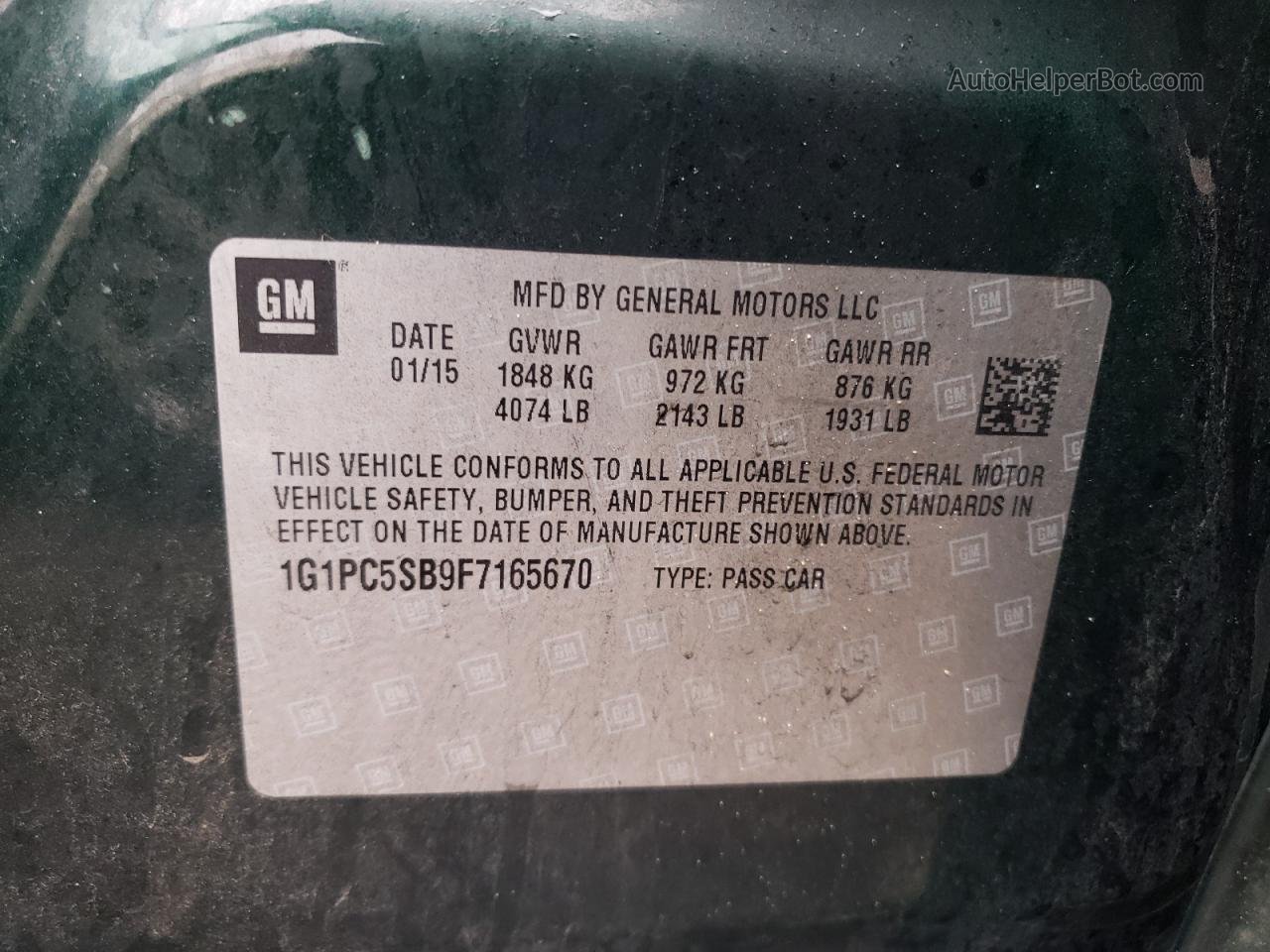 2015 Chevrolet Cruze Lt Green vin: 1G1PC5SB9F7165670