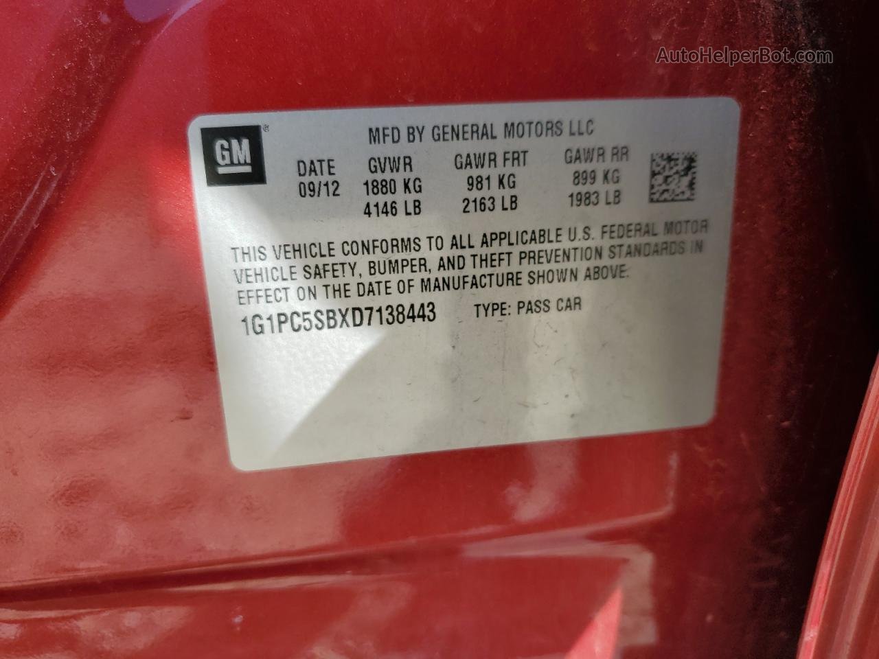 2013 Chevrolet Cruze Lt Red vin: 1G1PC5SBXD7138443