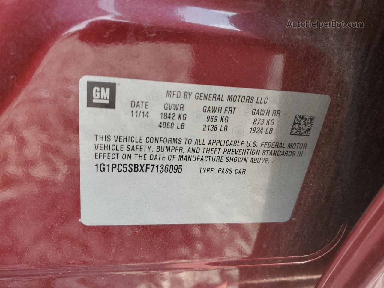 2015 Chevrolet Cruze Lt Maroon vin: 1G1PC5SBXF7136095