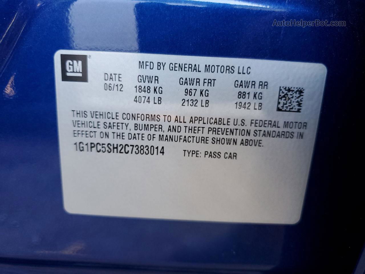 2012 Chevrolet Cruze Ls Blue vin: 1G1PC5SH2C7383014