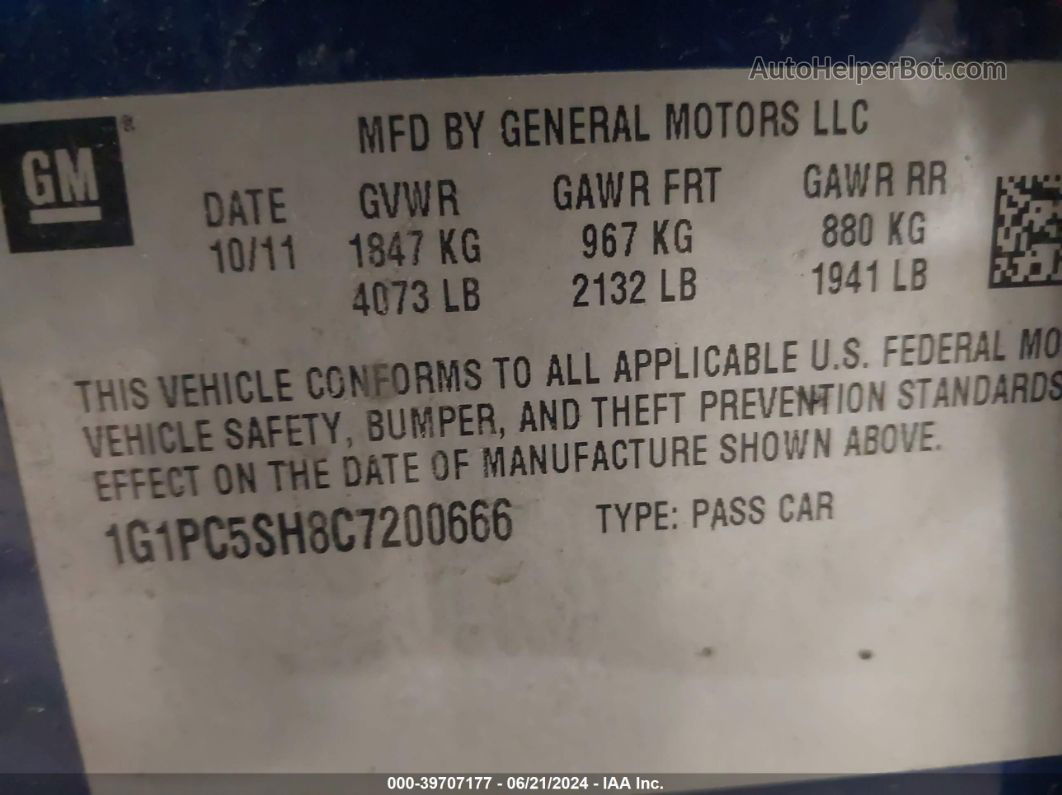 2012 Chevrolet Cruze Ls Blue vin: 1G1PC5SH8C7200666