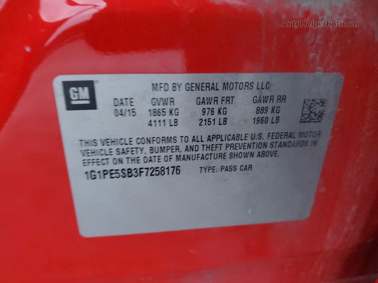 2015 Chevrolet Cruze Lt Красный vin: 1G1PE5SB3F7258176