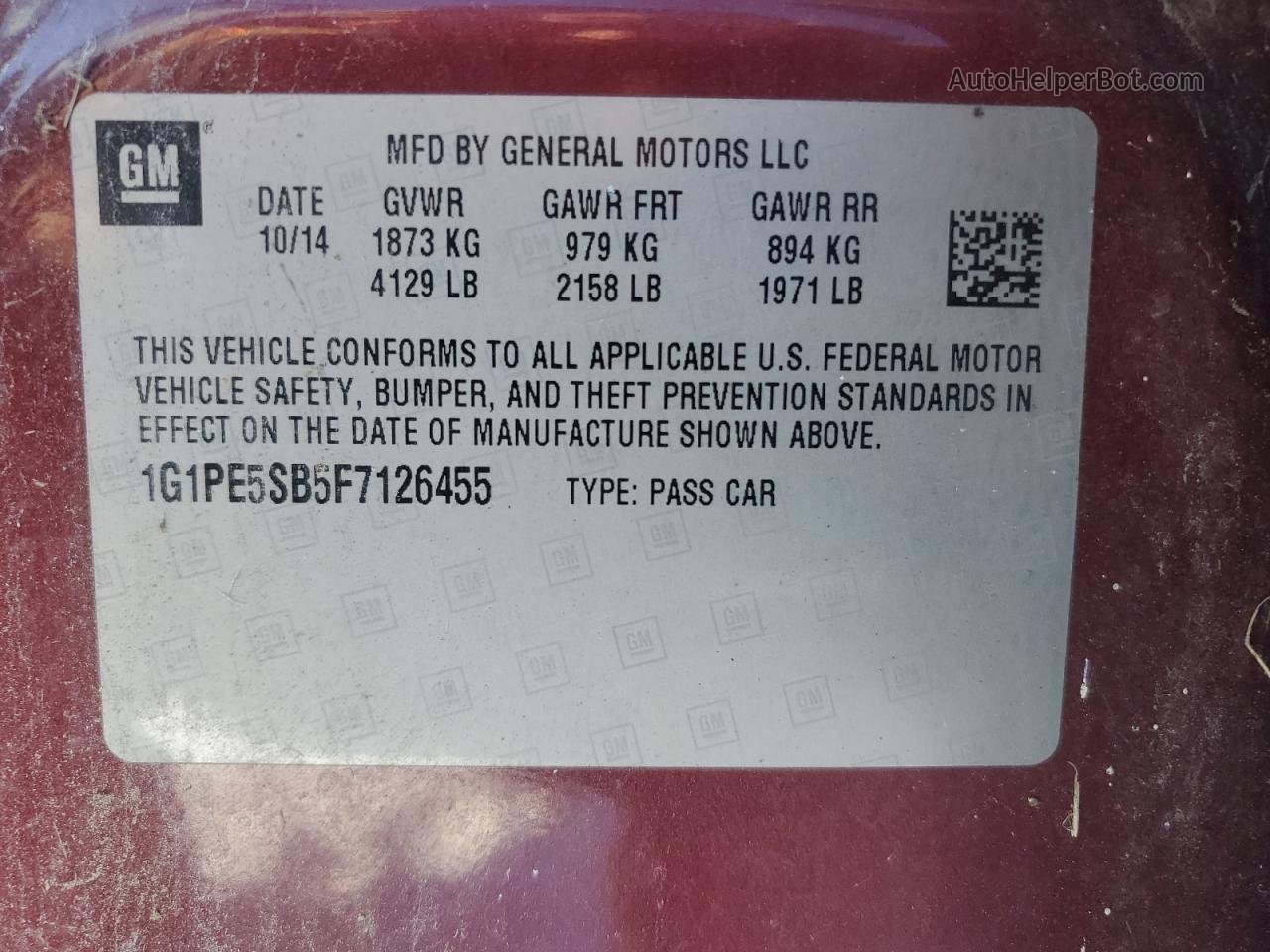 2015 Chevrolet Cruze Lt Темно-бордовый vin: 1G1PE5SB5F7126455