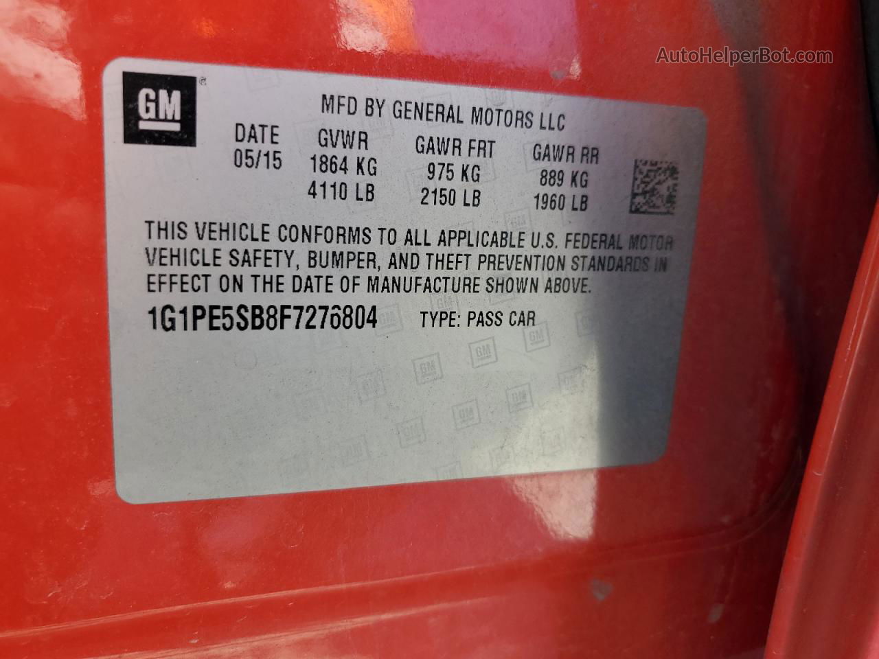 2015 Chevrolet Cruze Lt Red vin: 1G1PE5SB8F7276804