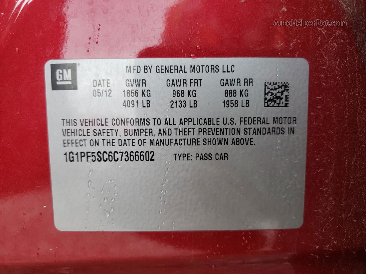2012 Chevrolet Cruze Lt Red vin: 1G1PF5SC6C7366602