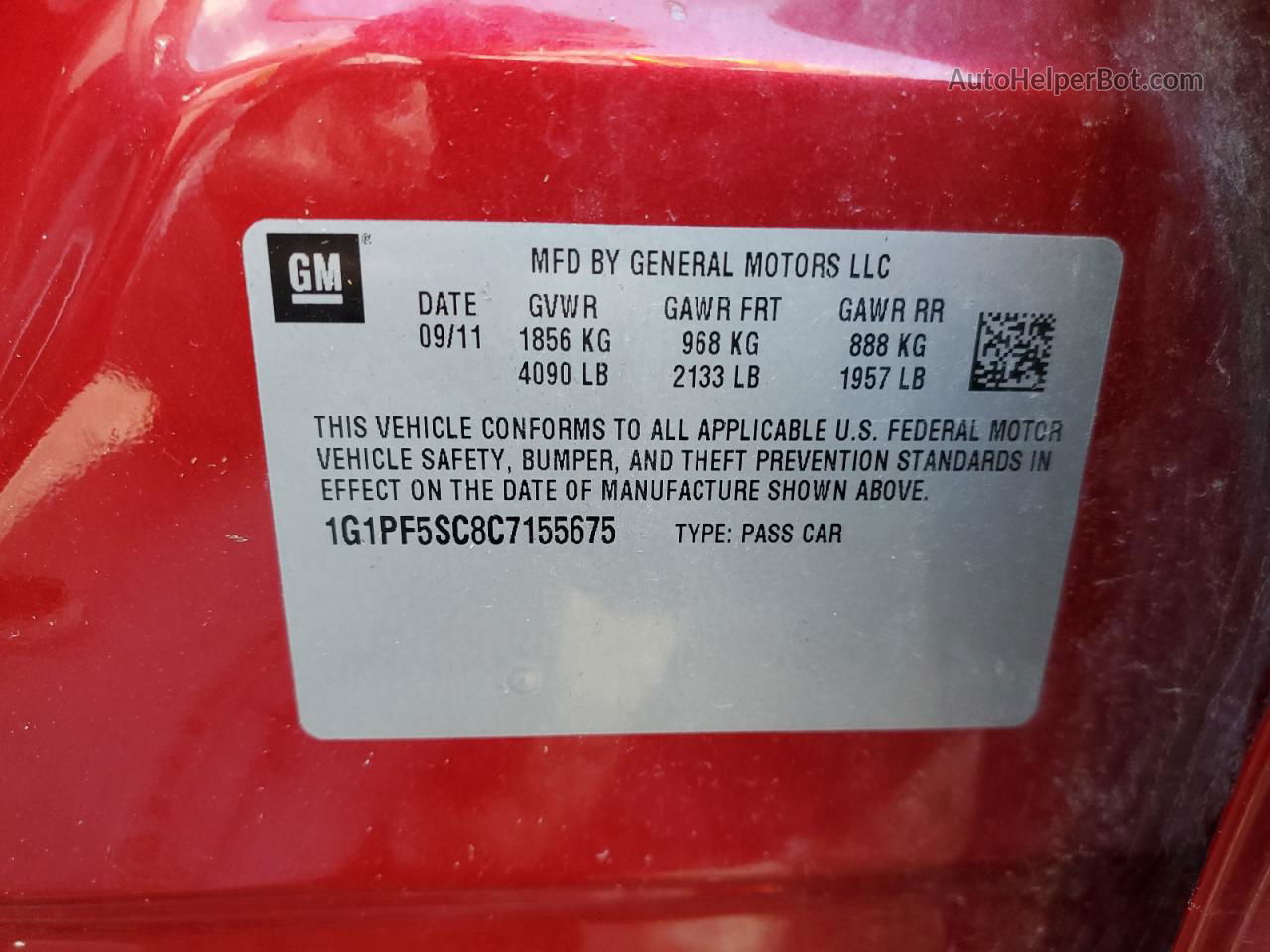 2012 Chevrolet Cruze Lt Red vin: 1G1PF5SC8C7155675