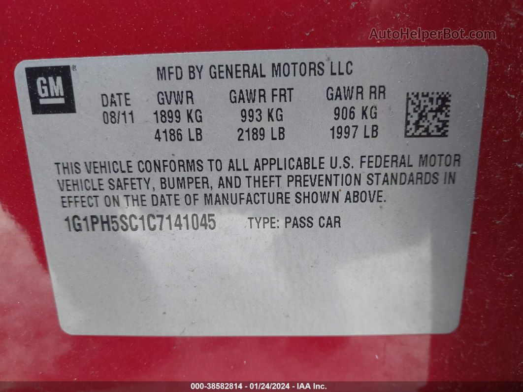 2012 Chevrolet Cruze Ltz Red vin: 1G1PH5SC1C7141045