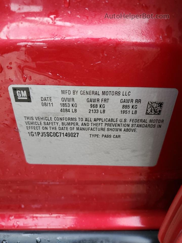 2012 Chevrolet Cruze Eco Красный vin: 1G1PJ5SC0C7149027