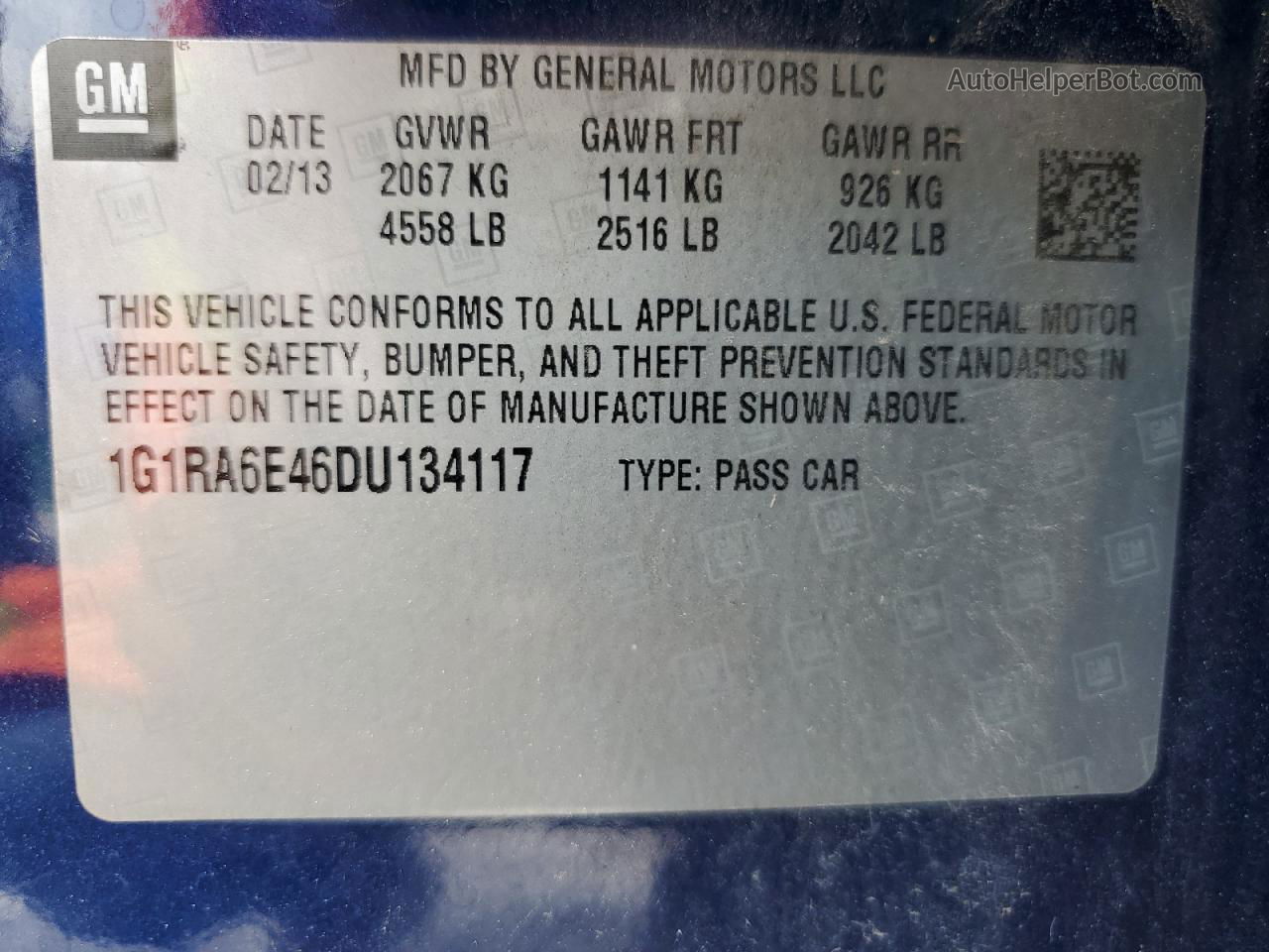 2013 Chevrolet Volt  Blue vin: 1G1RA6E46DU134117