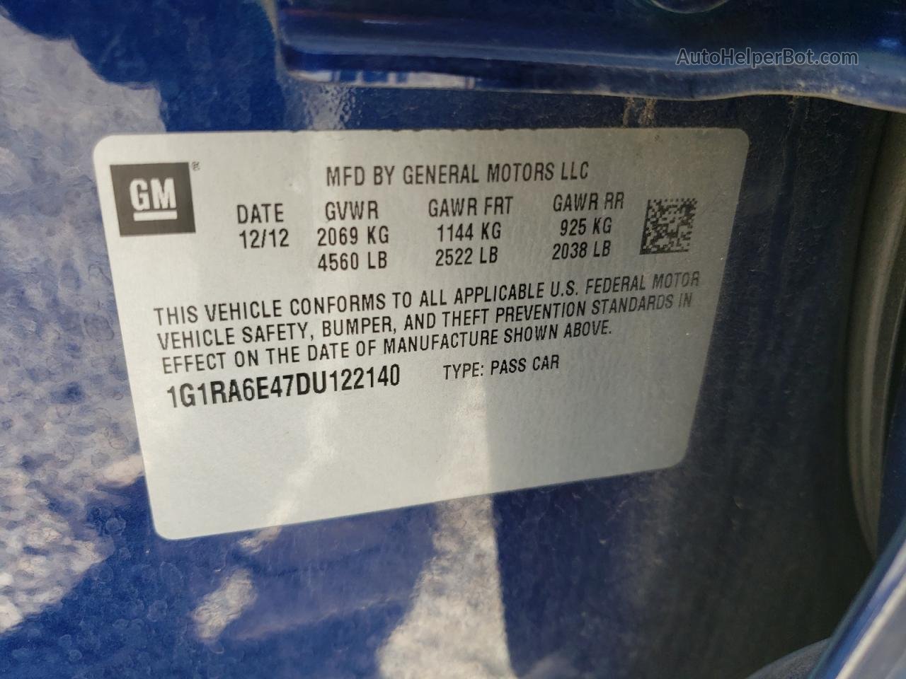 2013 Chevrolet Volt  Blue vin: 1G1RA6E47DU122140