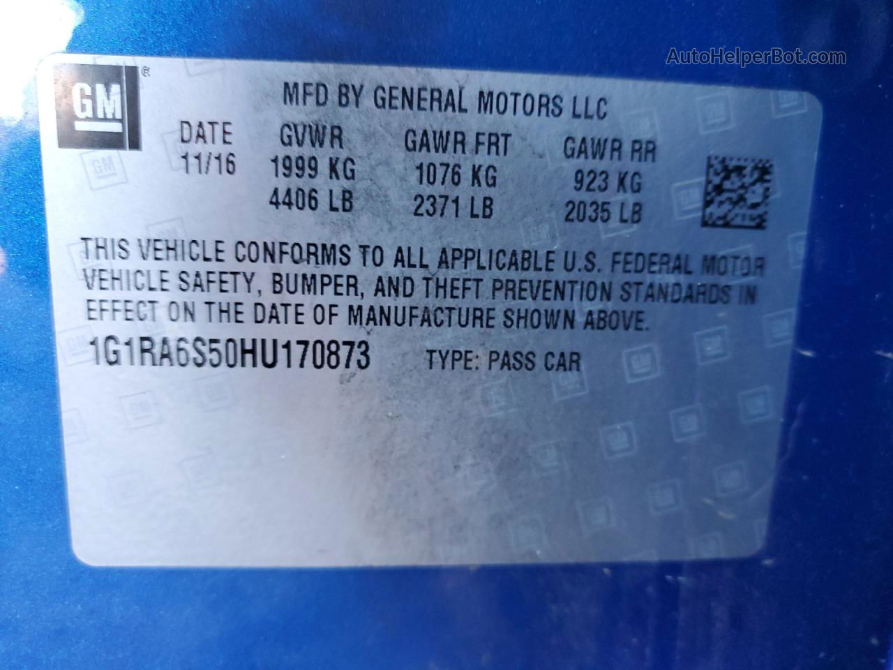 2017 Chevrolet Volt Lt Blue vin: 1G1RA6S50HU170873