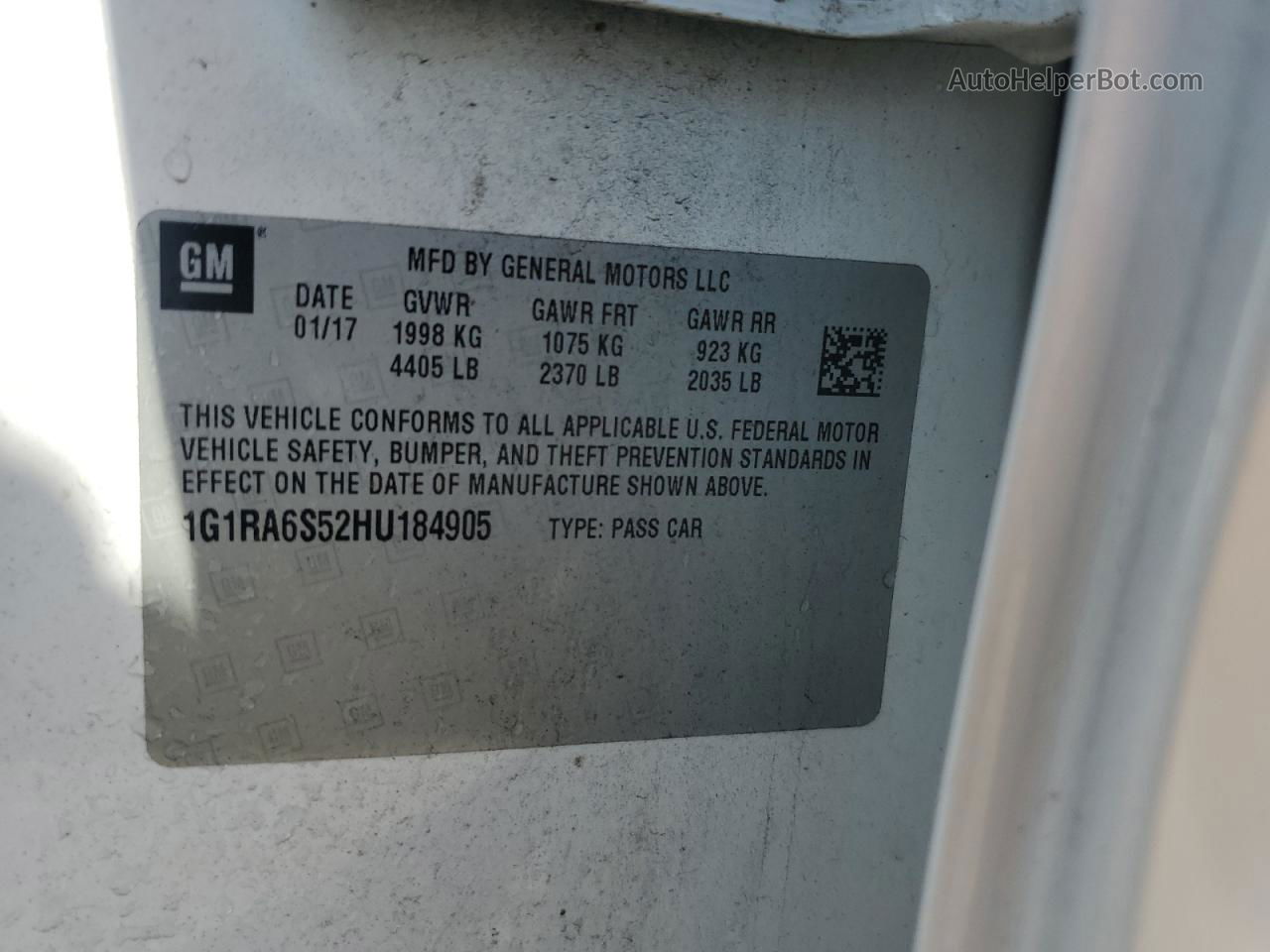 2017 Chevrolet Volt Lt White vin: 1G1RA6S52HU184905