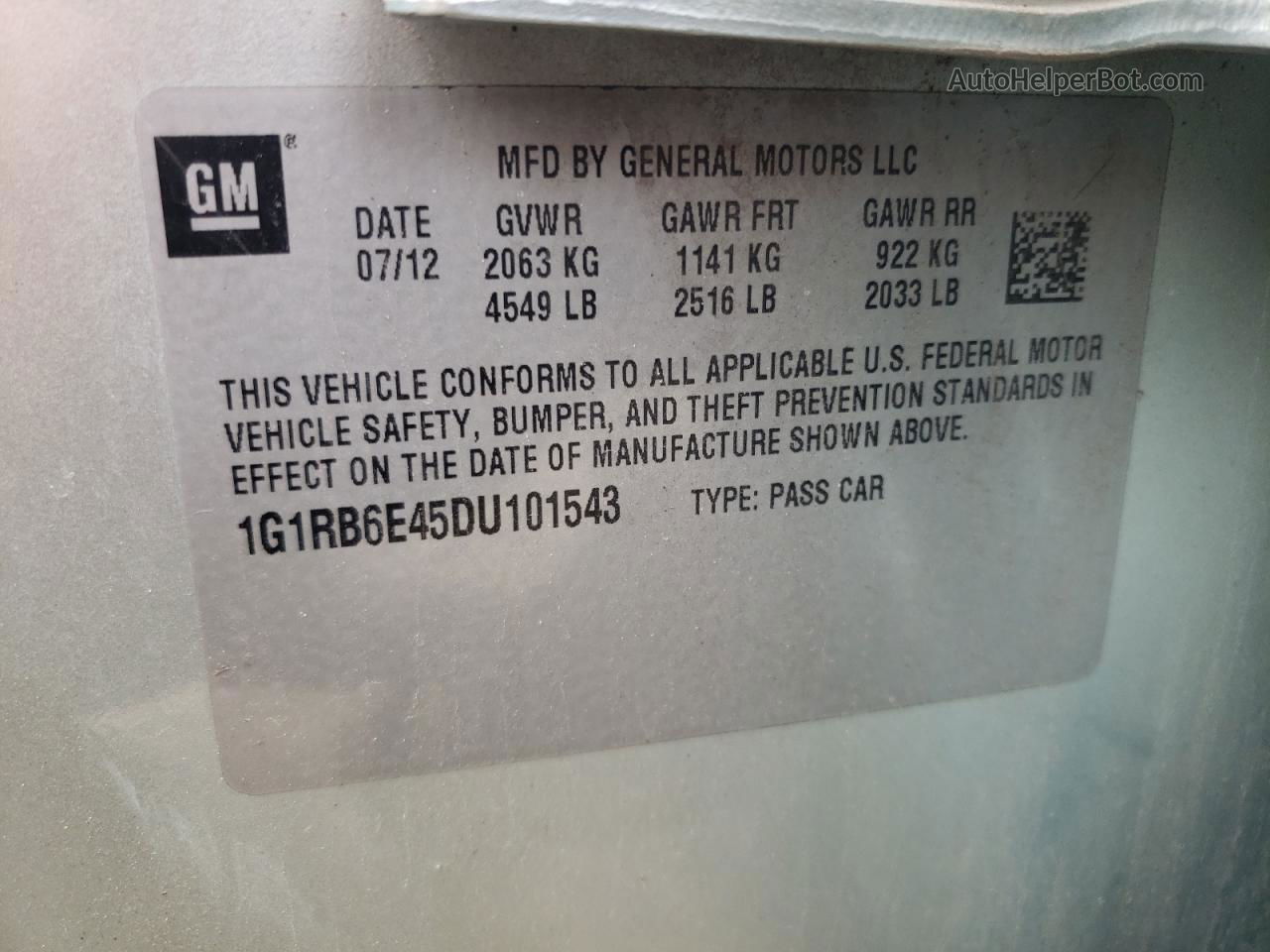 2013 Chevrolet Volt  Серебряный vin: 1G1RB6E45DU101543