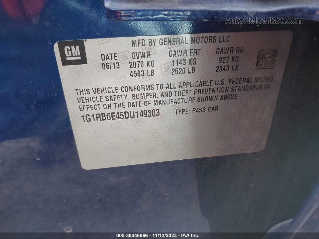 2013 Chevrolet Volt Синий vin: 1G1RB6E45DU149303