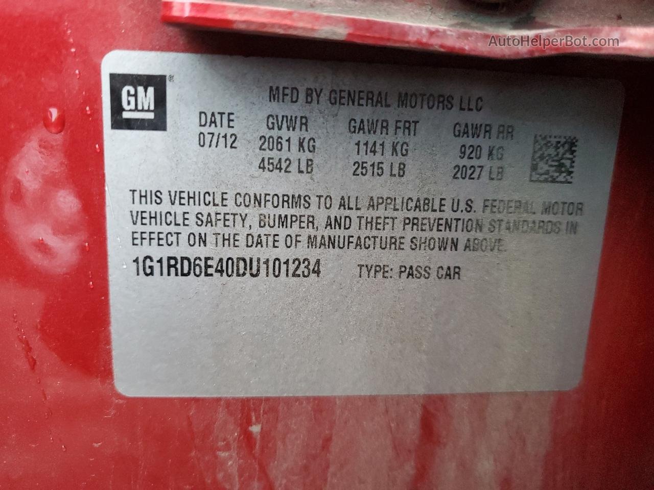 2013 Chevrolet Volt  Красный vin: 1G1RD6E40DU101234