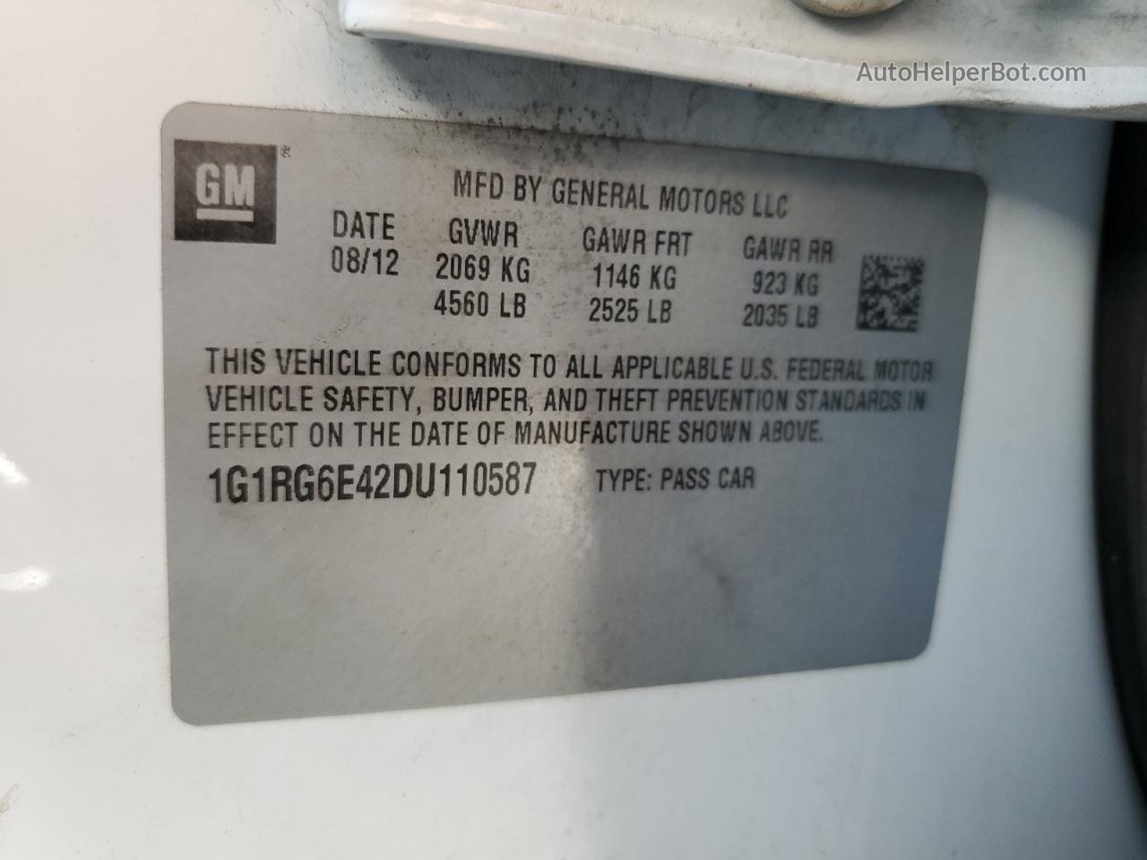 2013 Chevrolet Volt  Белый vin: 1G1RG6E42DU110587