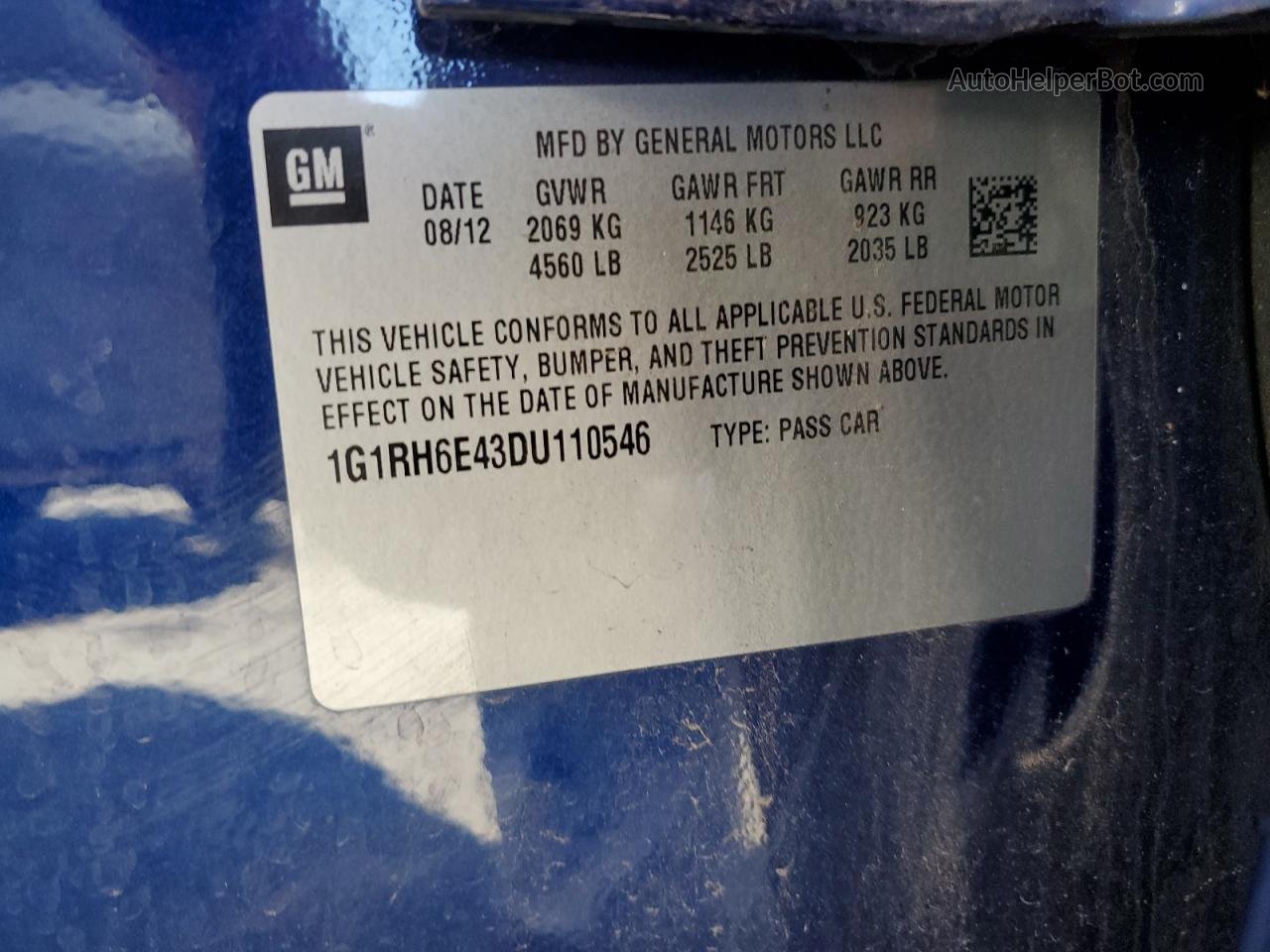 2013 Chevrolet Volt  Blue vin: 1G1RH6E43DU110546