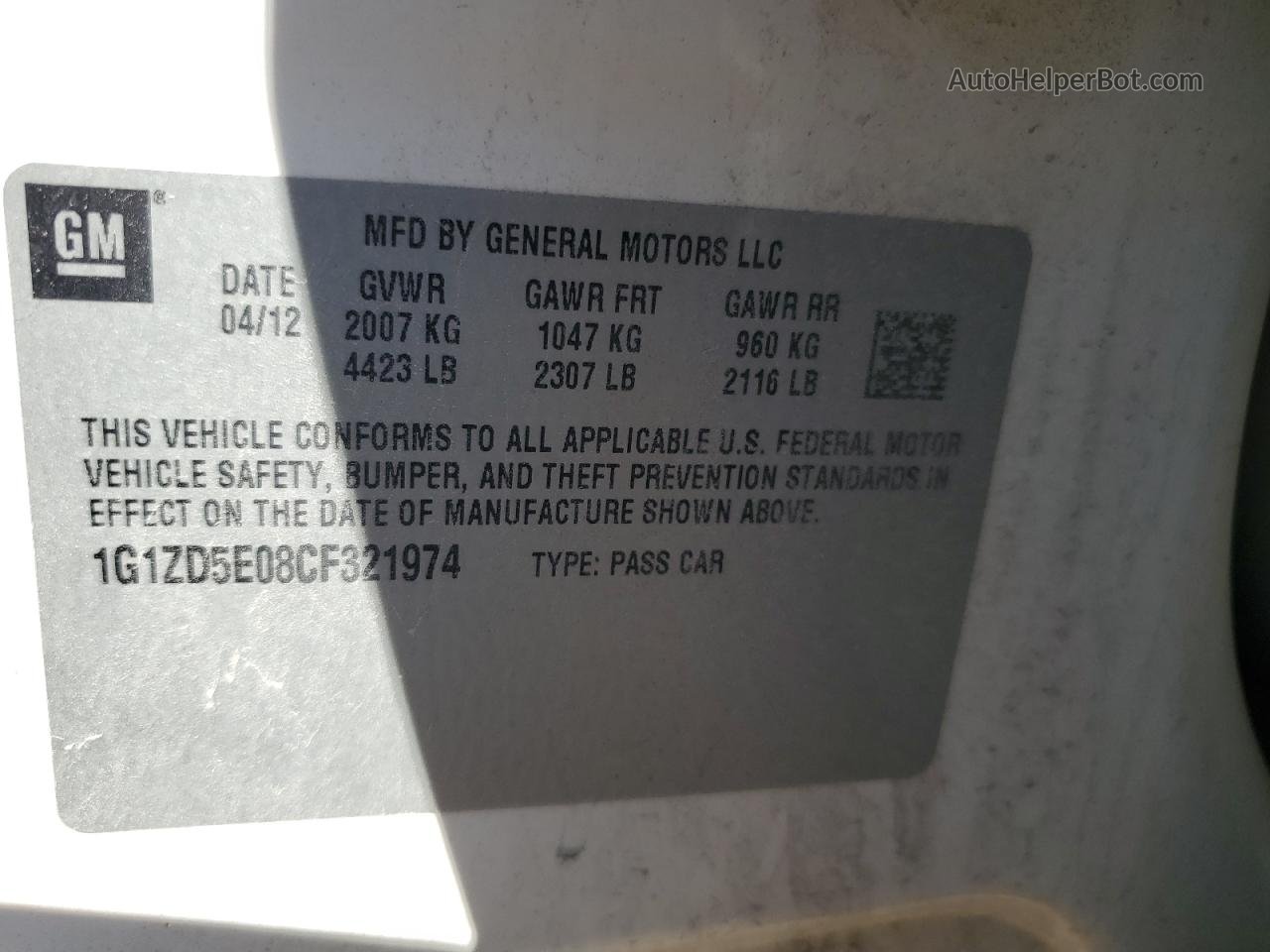 2012 Chevrolet Malibu 2lt Белый vin: 1G1ZD5E08CF321974
