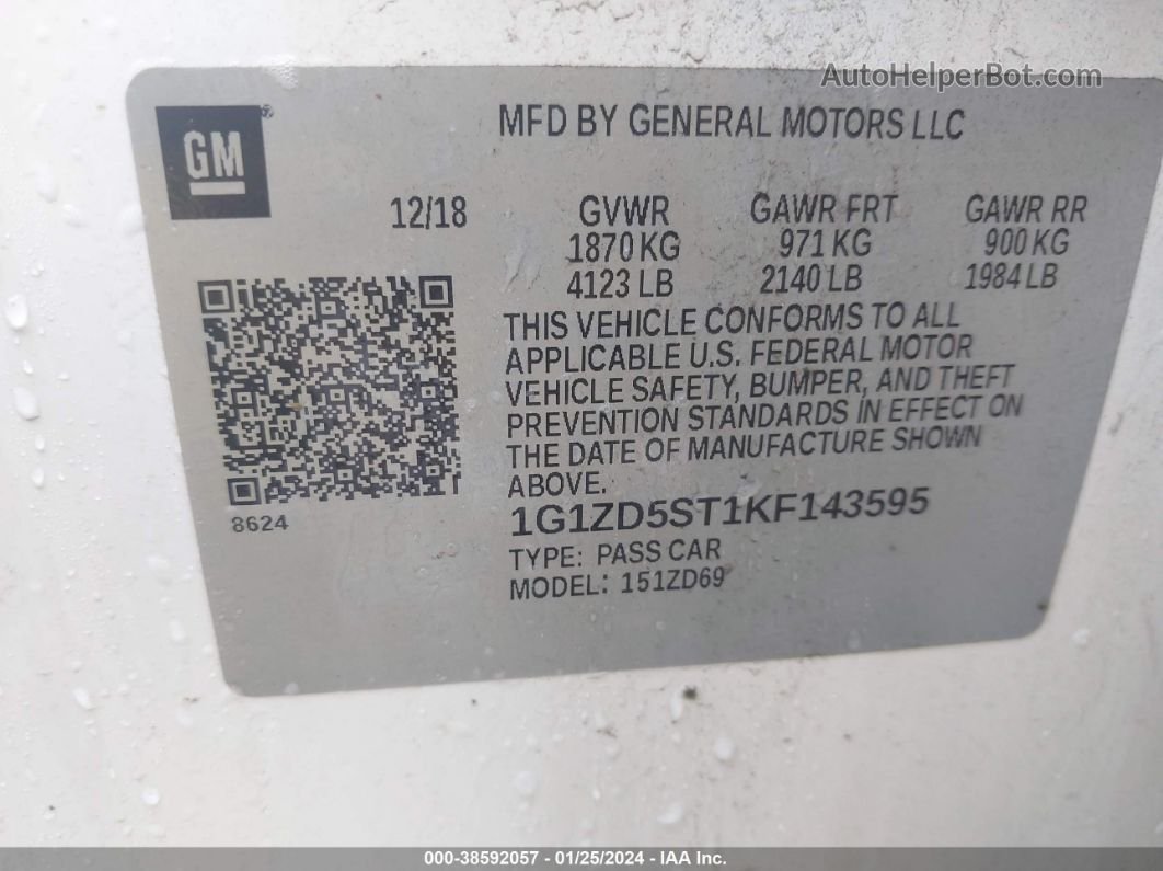 2019 Chevrolet Malibu Lt Белый vin: 1G1ZD5ST1KF143595