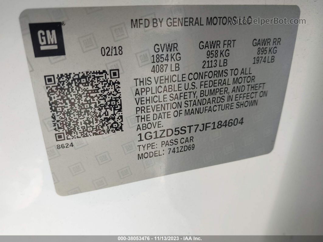 2018 Chevrolet Malibu Lt White vin: 1G1ZD5ST7JF184604
