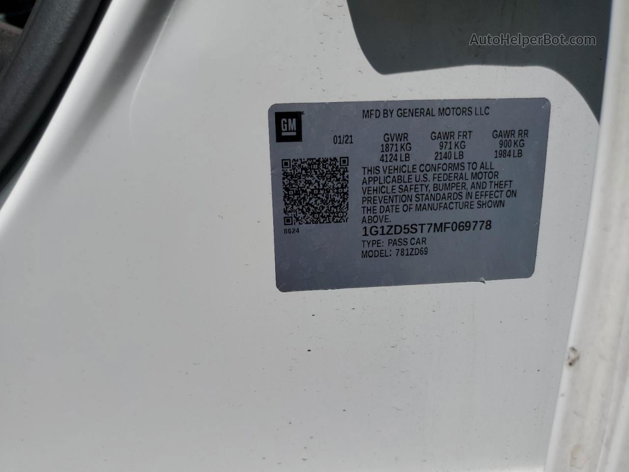 2021 Chevrolet Malibu Lt Белый vin: 1G1ZD5ST7MF069778