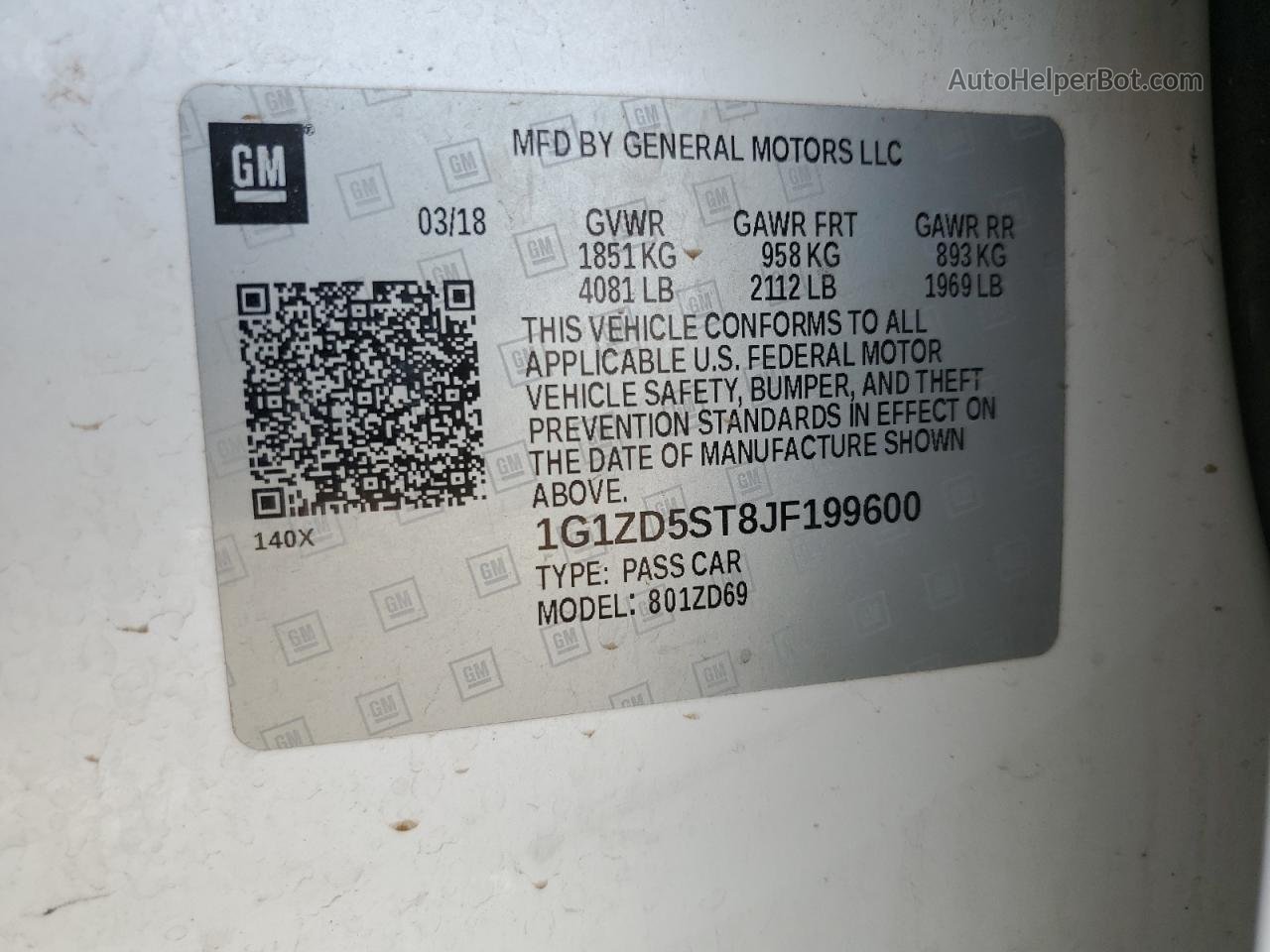 2018 Chevrolet Malibu Lt White vin: 1G1ZD5ST8JF199600