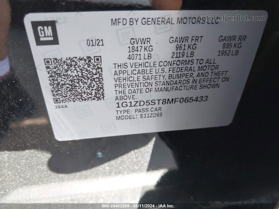 2021 Chevrolet Malibu Fwd Lt Черный vin: 1G1ZD5ST8MF065433