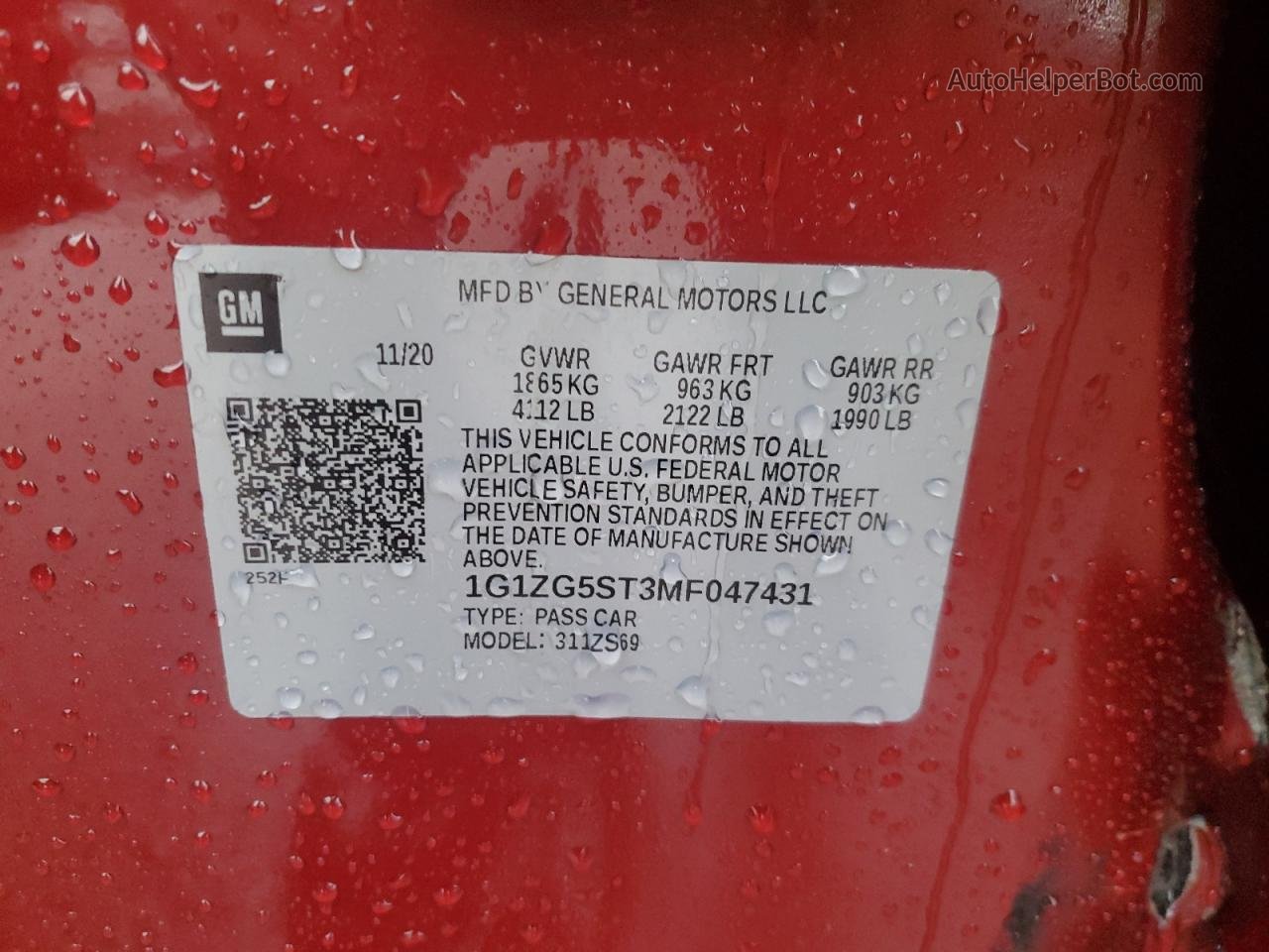 2021 Chevrolet Malibu Rs Red vin: 1G1ZG5ST3MF047431