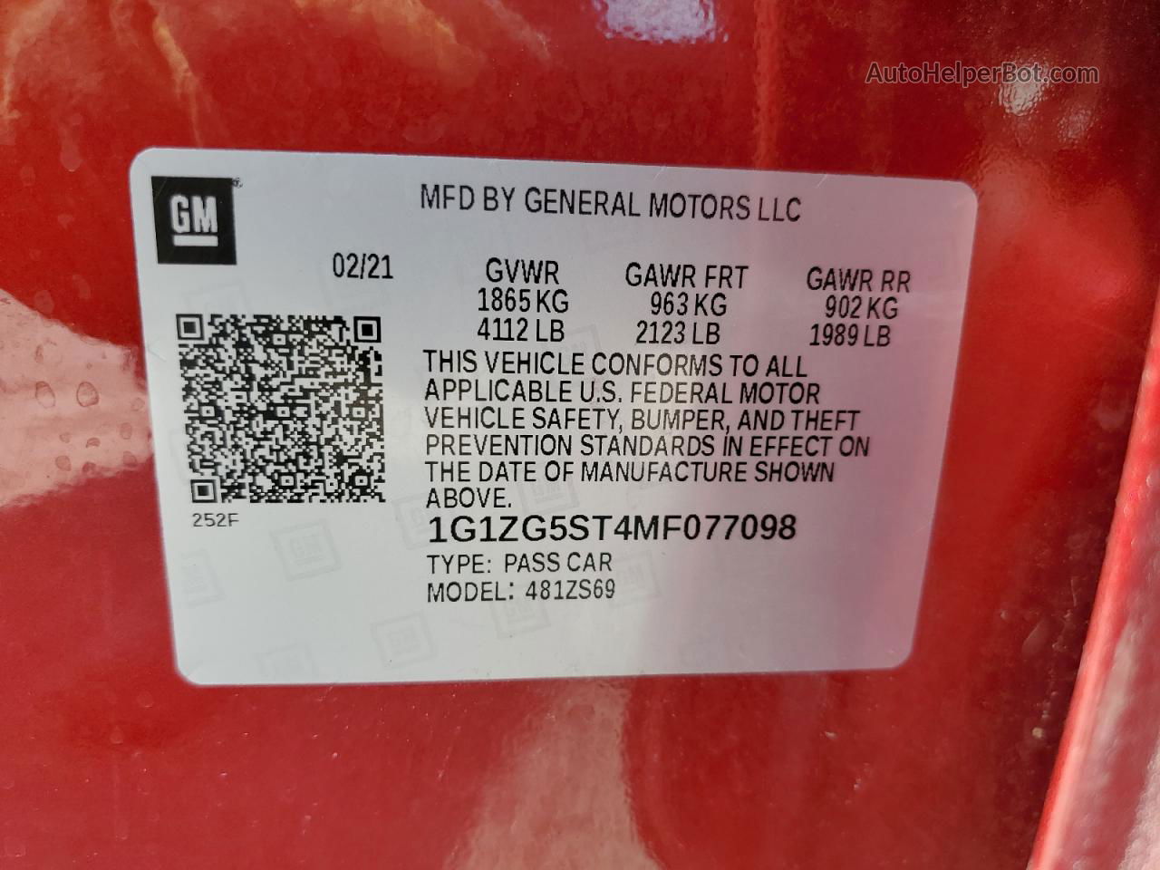 2021 Chevrolet Malibu Rs Red vin: 1G1ZG5ST4MF077098